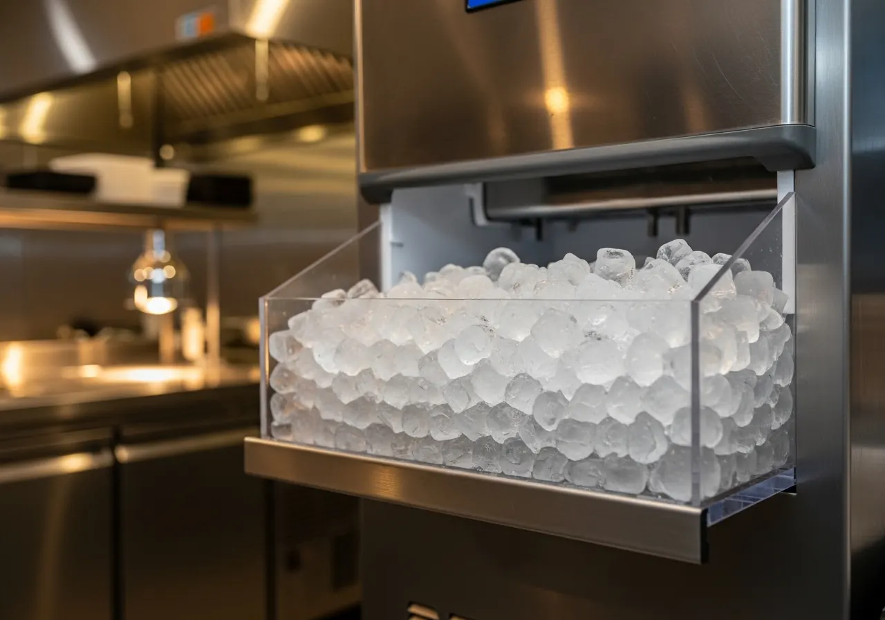 Commercial ice machine in a restaurant kitchen — Manitowoc, Hoshizaki, Scotsman, and Ice-O-Matic ice machine repair requests routed across the Indianapolis metro