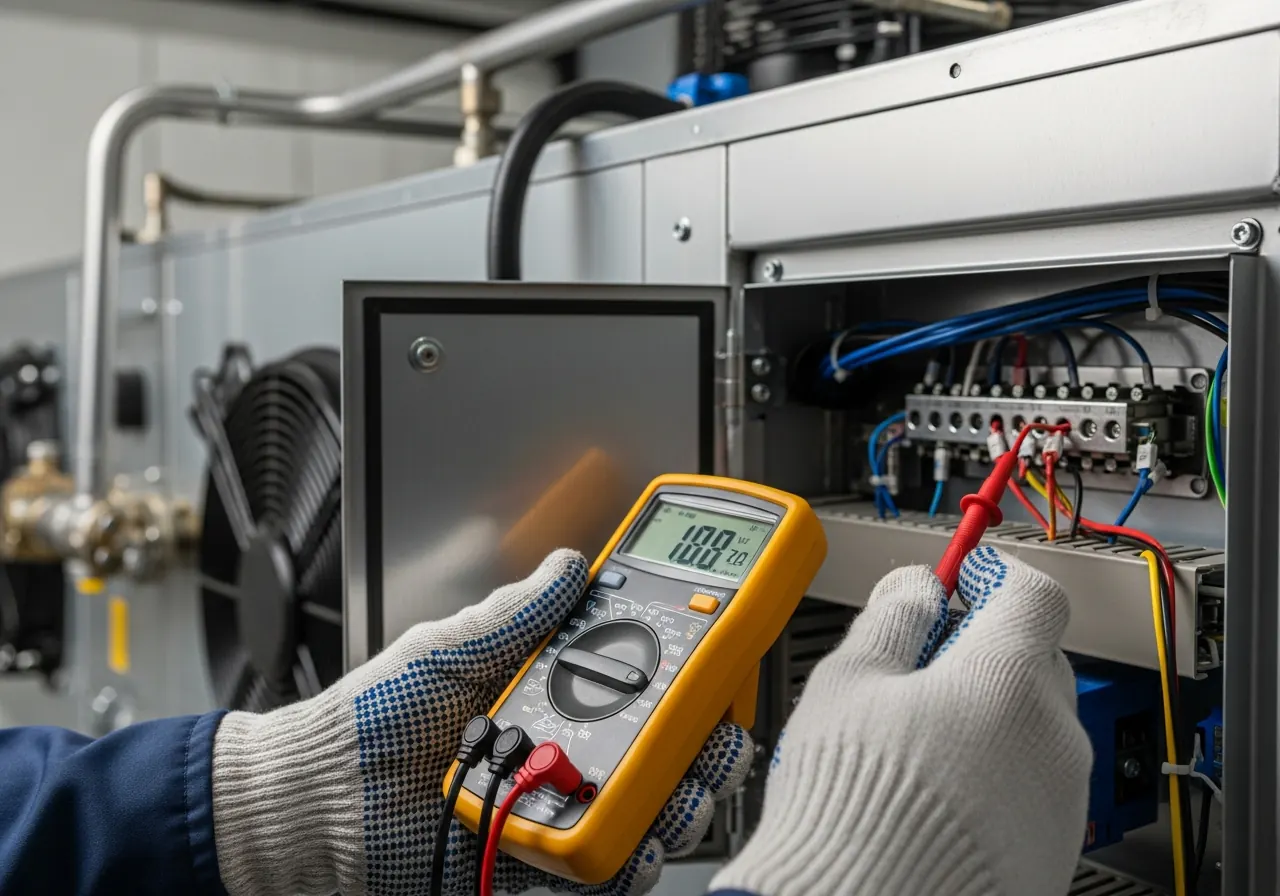 Refrigeration technician using a digital multimeter on a commercial walk-in freezer condensing unit — EPA Section 608 certified service partners